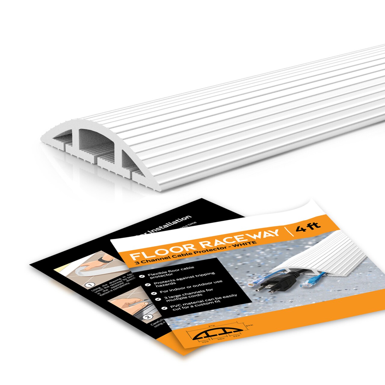 White 4 Ft Floor Cord Protector Cable Cover 3 Channel Indoor Outdoor Use